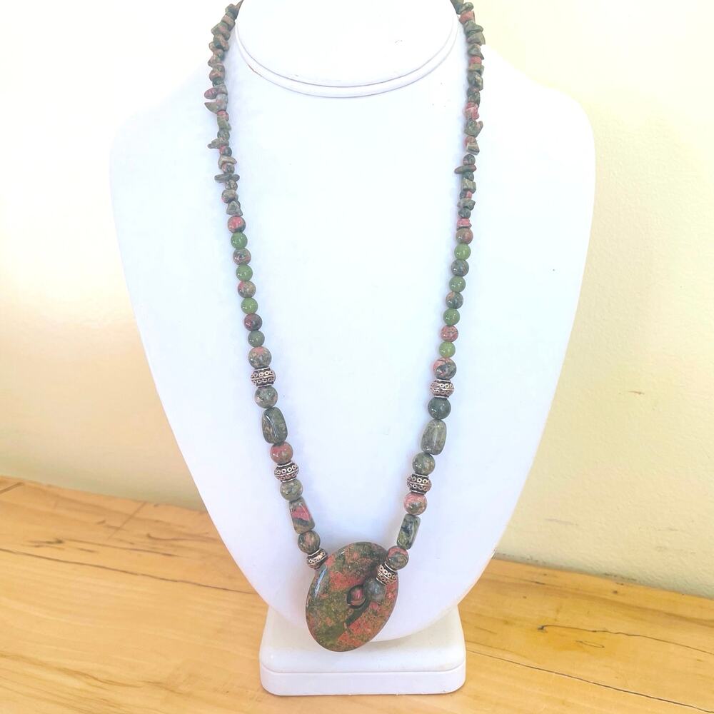 Natural Mottled Green Pink Unakite Pendant Bead Necklace Boho Handmade Gemstone